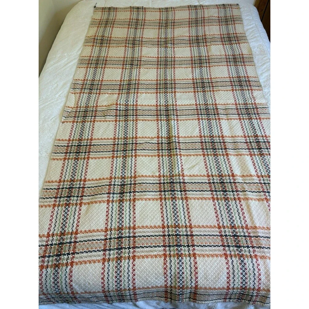 Vintage Woven Remnants Fabric Orange Yellow Green Brown Plaid MCM 2 Pieces